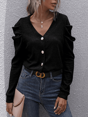 Inrosy cardigans unicolore boutonnage v-cou manches bouffantes manches longues femme casual mode décontracté blouse automne