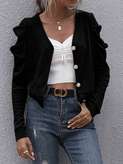 Inrosy cardigans unicolore boutonnage v-cou manches bouffantes manches longues femme casual mode décontracté blouse automne