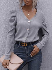 Inrosy cardigans unicolore boutonnage v-cou manches bouffantes manches longues femme casual mode décontracté blouse automne