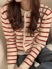 Inrosy cardigans veste rayé boutonnage poches col rond manches longues femme élégant mode gilet marinière blanc et noir