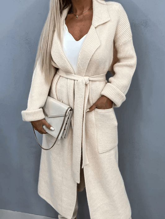 Inrosy mi-longue cardigan en grosse maille nœud ceinture col revers manches longues femme ample décontracté hiver gilet