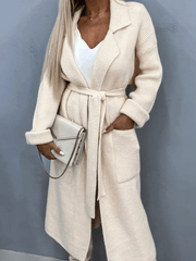 Inrosy mi-longue cardigan en grosse maille nœud ceinture col revers manches longues femme ample décontracté hiver gilet