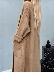 Inrosy mi-longue cardigan en grosse maille nœud ceinture col revers manches longues femme ample décontracté hiver gilet