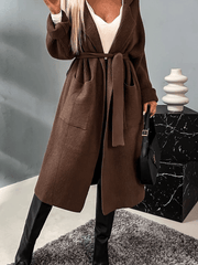 Inrosy mi-longue cardigan en grosse maille nœud ceinture col revers manches longues femme ample décontracté hiver gilet