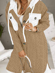 Inrosy manteau à capuche long texturé torsadé color block fendu boutonnage femme casual décontracté cardigans