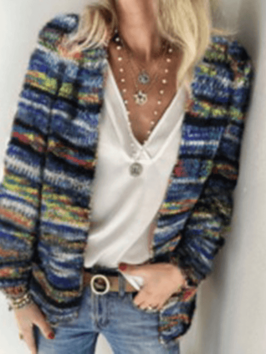 Inrosy pull cardigan en grosse maille arc en ciel rayé poches manches longues femme vintage décontracté manteau en tricot à devant ouvert