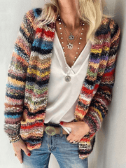 Inrosy pull cardigan en grosse maille arc en ciel rayé poches manches longues femme vintage décontracté manteau en tricot à devant ouvert