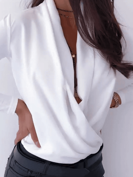 Inrosy chemisier de bureau unicolore v-cou décolleté plongeant manches longues femme casual style tailleur mode blouse