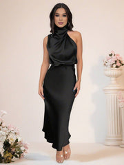 Inrosy robe demoiselle d'honneur en satin irrégulière col roulé licou sans manches femme élégant de soirée pour mariage