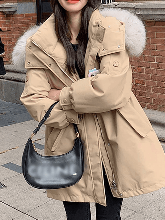 Inrosy mi-longue parka à capuche boutons poches fermeture éclair manches longues femme mode oversized décontracté hiver manteau