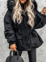 Inrosy mi-longue parka avec fausse fourrure col à capuche boutons poches fermeture éclair hiver femme oversized décontracté veste