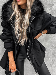 Inrosy mi-longue parka avec fausse fourrure col à capuche boutons poches fermeture éclair hiver femme oversized décontracté veste