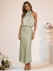 Inrosy robe demoiselle d'honneur en satin irrégulière col roulé licou sans manches femme élégant de soirée pour mariage