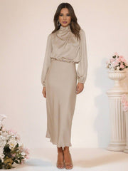 Inrosy robe longue en satin col roulé manches longues femme élégant invité mariage de fete de soirée cérémonie