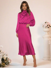 Inrosy robe longue en satin col roulé manches longues femme élégant invité mariage de fete de soirée cérémonie