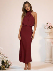 Inrosy robe demoiselle d'honneur en satin irrégulière col roulé licou sans manches femme élégant de soirée pour mariage