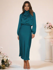 Inrosy robe longue en satin col roulé manches longues femme élégant invité mariage de fete de soirée cérémonie