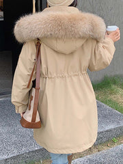 Inrosy mi-longue parka à capuche boutons poches fermeture éclair manches longues femme mode oversized décontracté hiver manteau