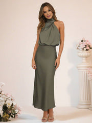 Inrosy robe demoiselle d'honneur en satin irrégulière col roulé licou sans manches femme élégant de soirée pour mariage