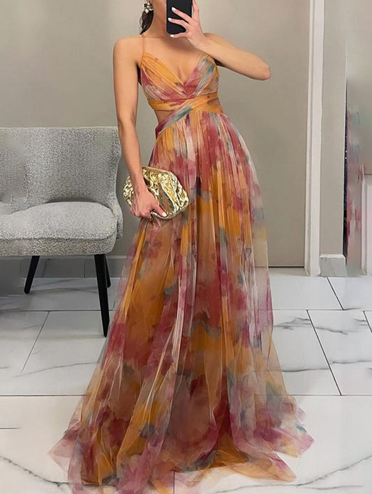 Inrosy robe longue v-cou imprimé à fleurie tulle découpes dos nu à fines brides sans manches femme élégant bal de promo de plage