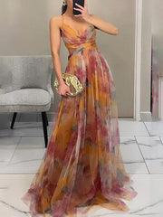 Inrosy robe longue v-cou imprimé à fleurie tulle découpes dos nu à fines brides sans manches femme élégant bal de promo de plage