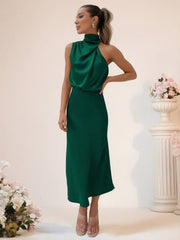 Inrosy robe demoiselle d'honneur en satin irrégulière col roulé licou sans manches femme élégant de soirée pour mariage