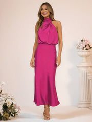 Inrosy robe demoiselle d'honneur en satin irrégulière col roulé licou sans manches femme élégant de soirée pour mariage