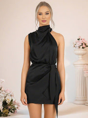 Inrosy robe courte irrégulière col roulé licou ceinture sans manches femme élégant invité mariage de cocktail