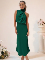 Inrosy robe demoiselle d'honneur en satin irrégulière col roulé licou sans manches femme élégant de soirée pour mariage