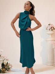 Inrosy robe demoiselle d'honneur en satin irrégulière col roulé licou sans manches femme élégant de soirée pour mariage