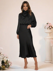 Inrosy robe longue en satin col roulé manches longues femme élégant invité mariage de fete de soirée cérémonie