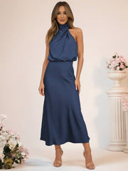 Inrosy robe demoiselle d'honneur en satin irrégulière col roulé licou sans manches femme élégant de soirée pour mariage