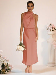 Inrosy robe demoiselle d'honneur en satin irrégulière col roulé licou sans manches femme élégant de soirée pour mariage