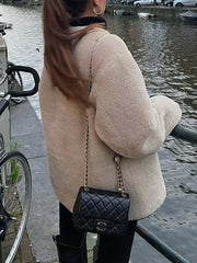 Inrosy veste en peluche en fausse fourrure boutonnage poches col rond manches longues femme élégant mode hiver manteau