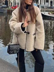 Inrosy veste en peluche en fausse fourrure boutonnage poches col rond manches longues femme élégant mode hiver manteau