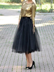 Inrosy mi-longue jupe plissé taille élastique tutu tulle femme noir