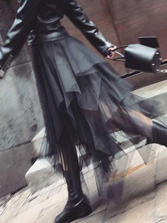 Inrosy mi-longue jupe irrégulière tulle punk femme noir