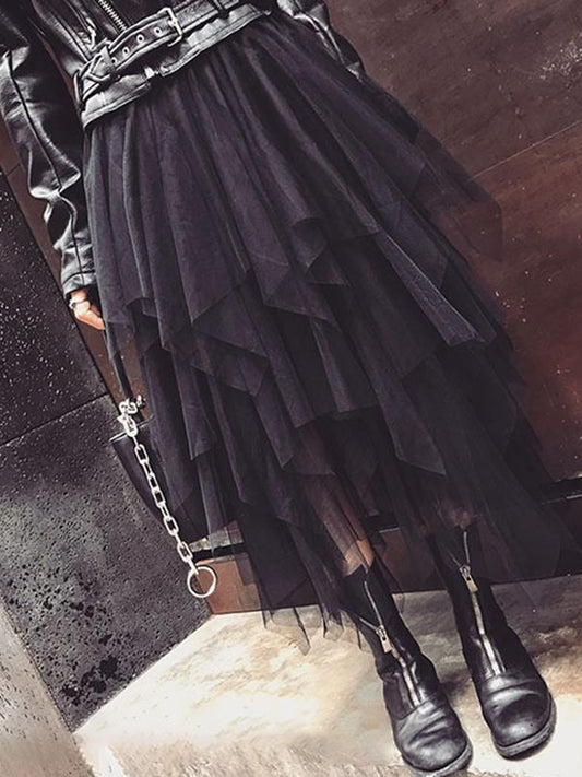 Inrosy mi-longue jupe irrégulière tulle punk femme noir