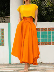 Inrosy longue jupe irrégulière unicolore fluide ceinture femme élégant mode