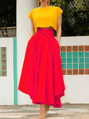 Inrosy longue jupe irrégulière unicolore fluide ceinture femme élégant mode