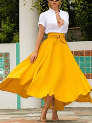 Inrosy longue jupe irrégulière unicolore fluide ceinture femme élégant mode