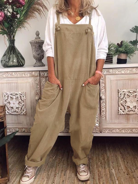 Inrosy salopette en coton unicolore nœud poches bretelle femme décontracté ample combinaison
