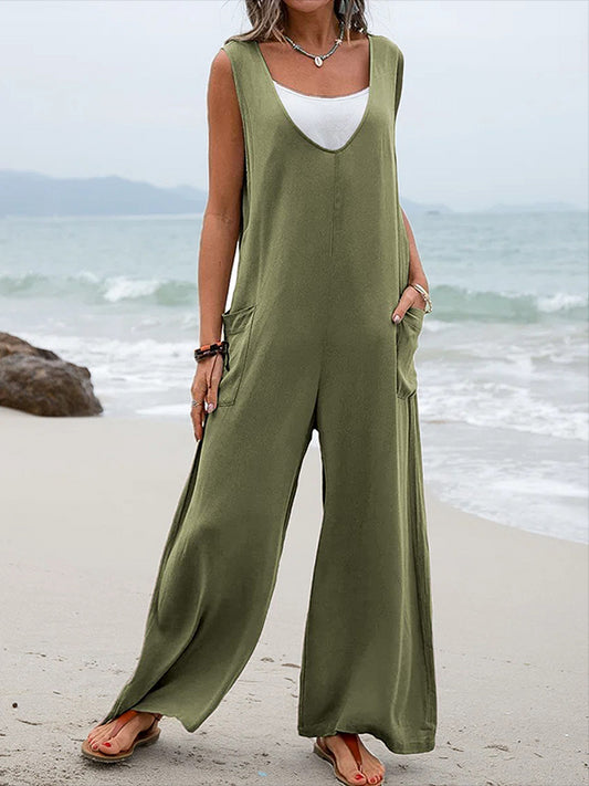 Inrosy combinaisons larges jambes évasé poches bretelle v-cou sans manches femme décontracté ample salopette