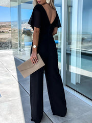 Inrosy combinaisons en mousseline larges jambes évasé à volantée v-cou manches courtes femme casual été