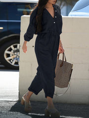 Inrosy combinaisons femme pompiste en lin boutonnage poches ceinture manches longues femme décontracté ample