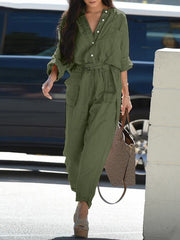 Inrosy combinaisons femme pompiste en lin boutonnage poches ceinture manches longues femme décontracté ample