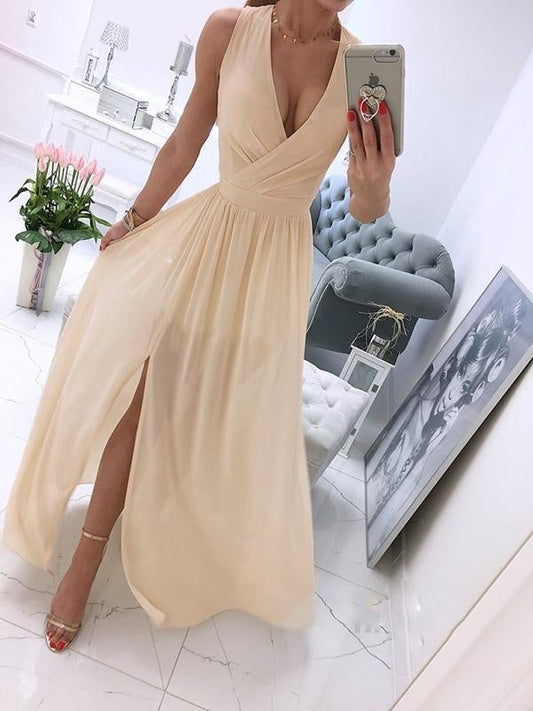 Inrosy robe longue mousseline fluide fendu le côté v-cou chic