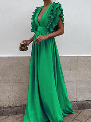 Inrosy robe maxi longue à volantée décolleté plongeant fluide élégant