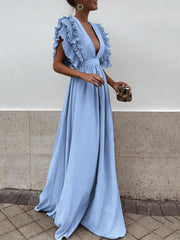 Inrosy robe maxi longue à volantée décolleté plongeant fluide élégant