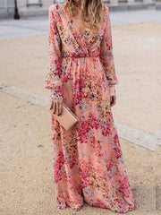 Inrosy robe longue imprimé à fleurie fluide v-cou manches longue décontracté rose